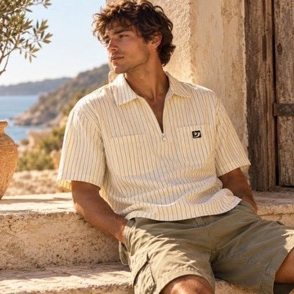 HM Mens Relaxed Fit Pinstripe Quarter Zip Short Sleeve Shirt Off White Small
